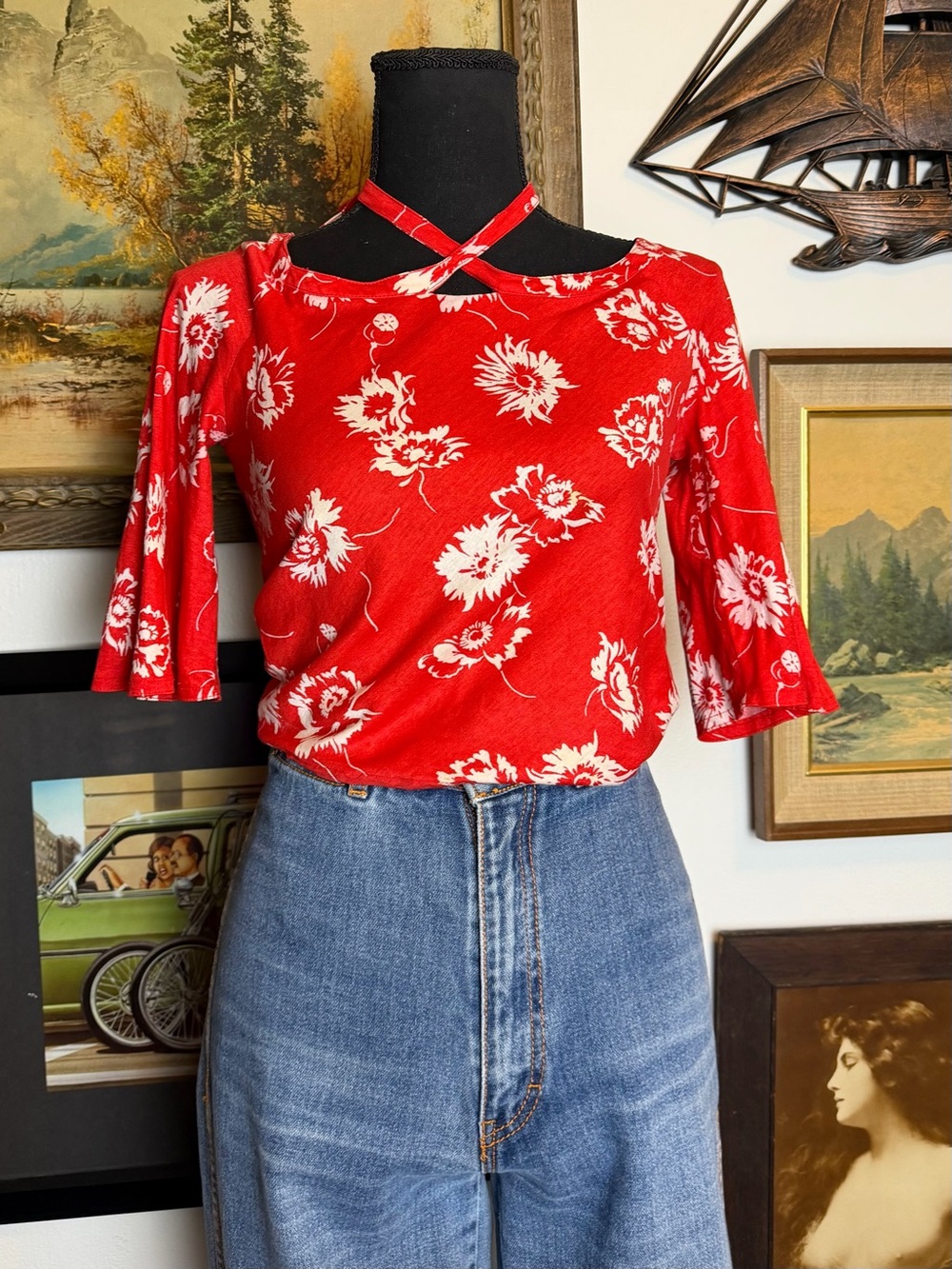 Vintage 1970s Red Floral Cropped Blouse Butterfly Sleeves  XXS-XS